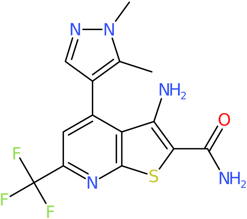 CAS: 1005632-64-3 | 3-Amino-4-(1,5-dimethyl-1H-pyrazol-4-yl)-6-(trifluoromethyl)thieno[2,3-b]pyridine-2-carboxamide, NX10561