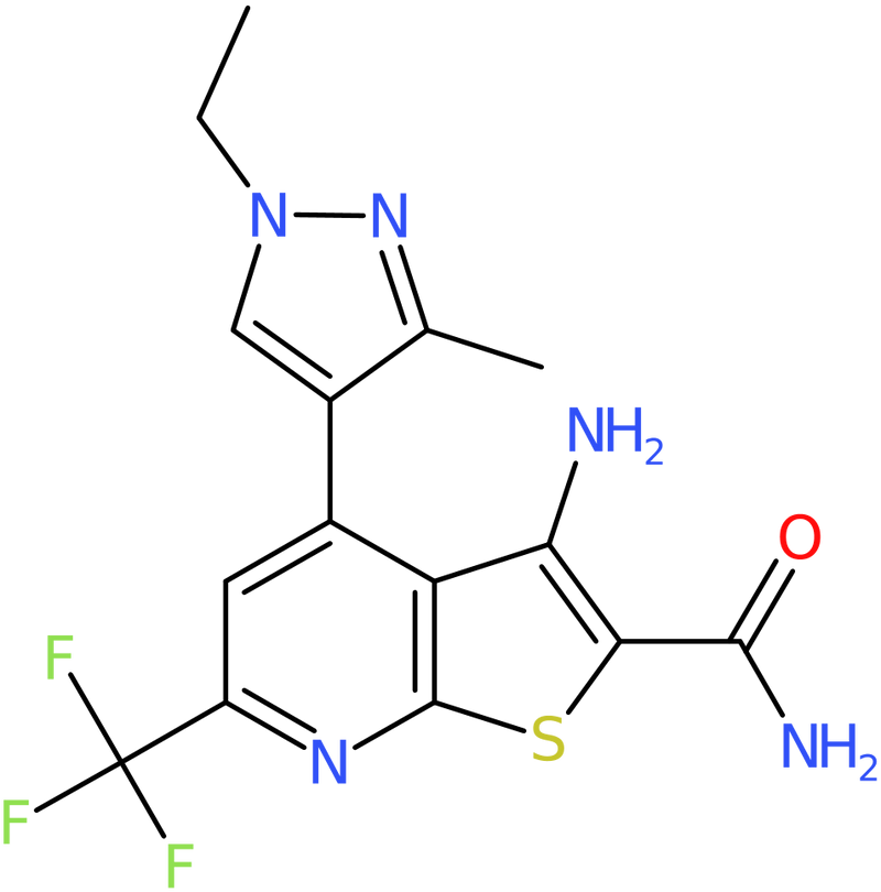 CAS: 1005696-22-9 | 3-Amino-4-(1-ethyl-3-methyl-1H-pyrazol-4-yl)-6-(trifluoromethyl)thieno[2,3-b]pyridine-2-carboxamide, NX10571